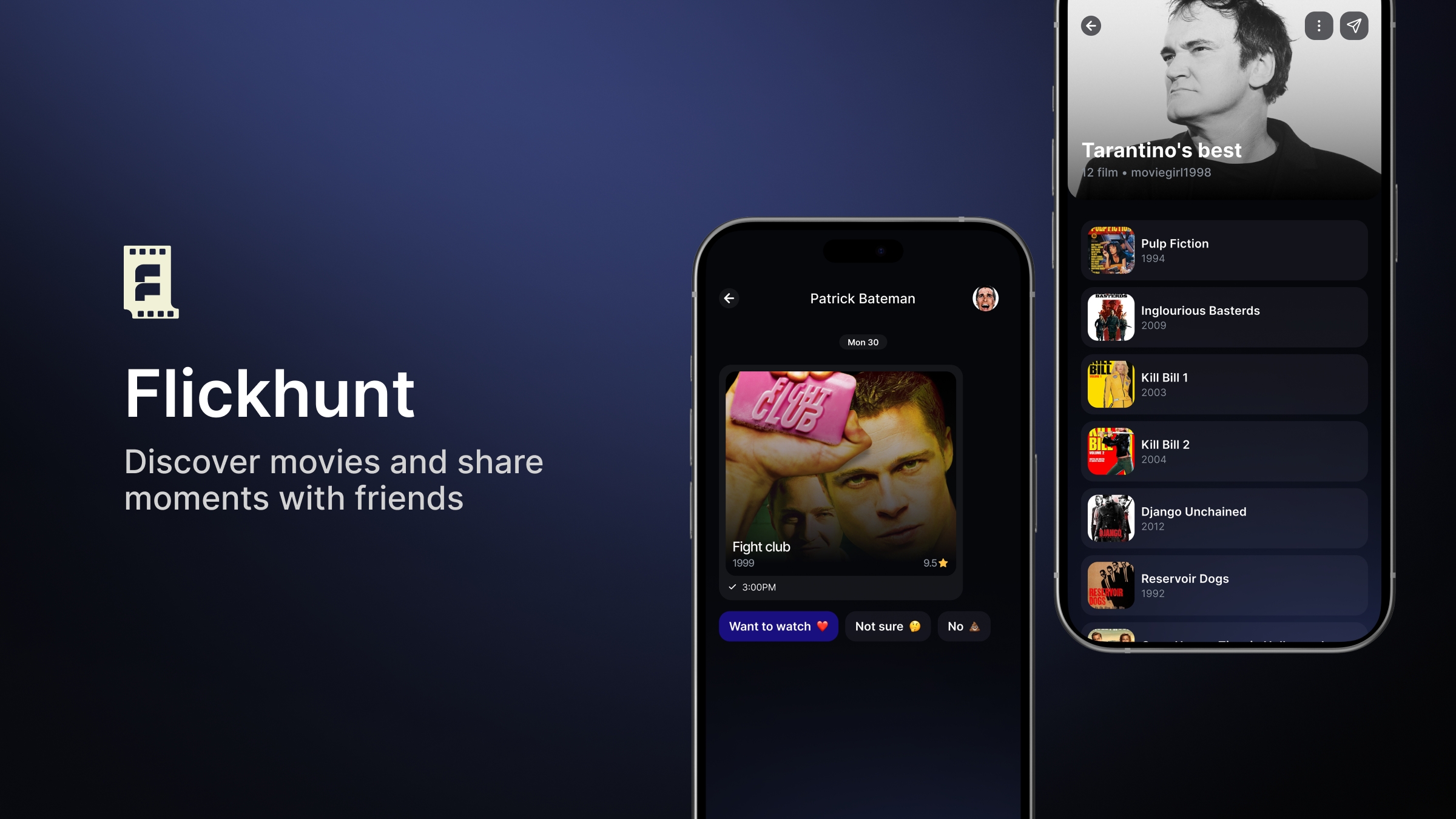 Flickhunt app showing Fight Club pick screen and Tarantino best movies collection.